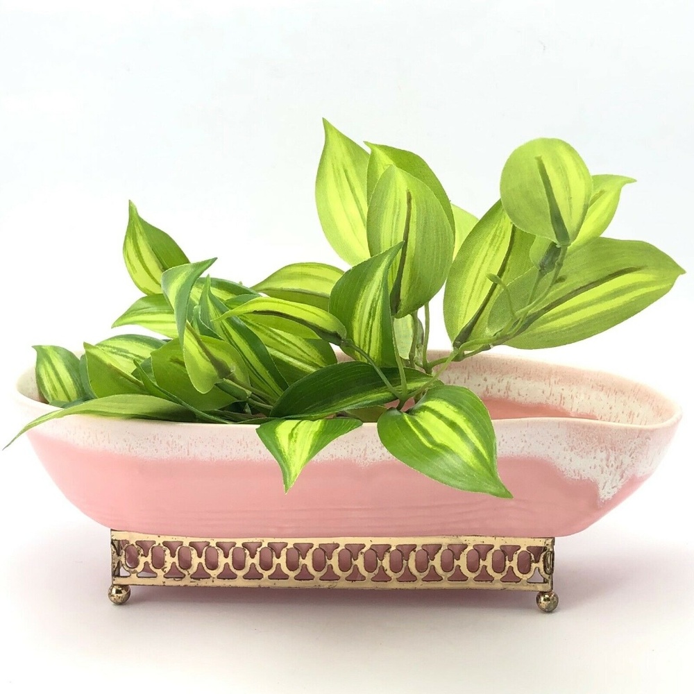Vintage Pink Drip Glaze Ceramic Planter with Metal